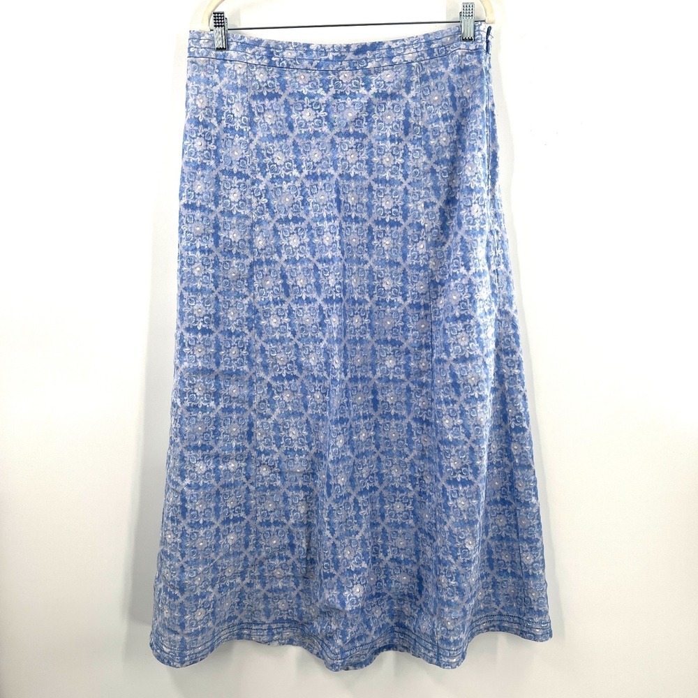 L.L. Bean‎ 100% linen maxi skirt blue floral classic fit cottagecore coastal 14